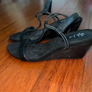 Black wedge sandals, never worn